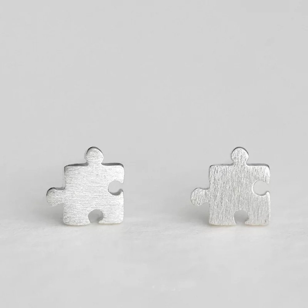 S925 Cute Puzzle Piece Stud Earrings - Picture 1 of 8